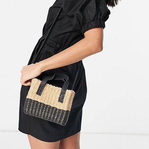 Pull&Bear cross body basket weave bag in neutral and black